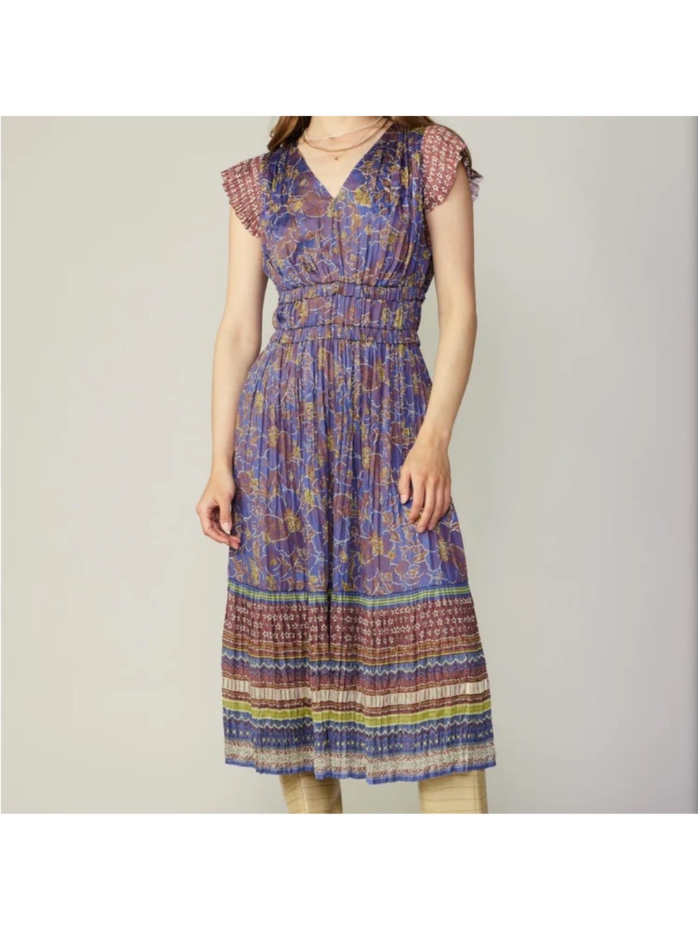 Current Air Navy and Brown Floral V-Neck Midi Dress Size M